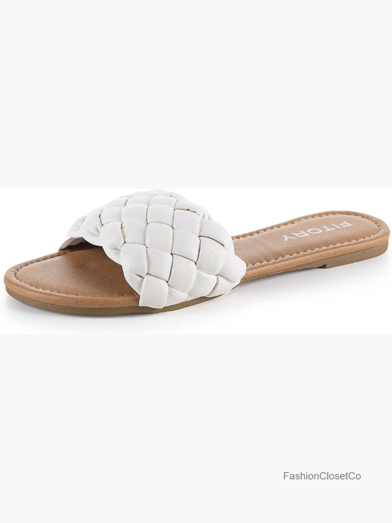 Round Open Toe Slip On Slide Sandals With Braided Strap Flat